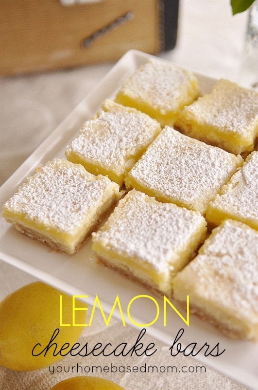 lemon cream cheese bars on a serving dish