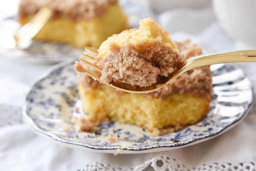 moist and fluffy coffee cake on a fork