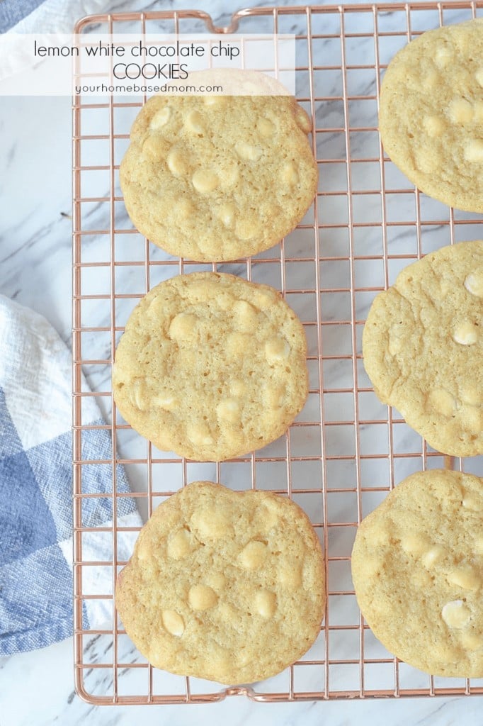 Lemon White Chocolate Chip Cookies on a cooling rack