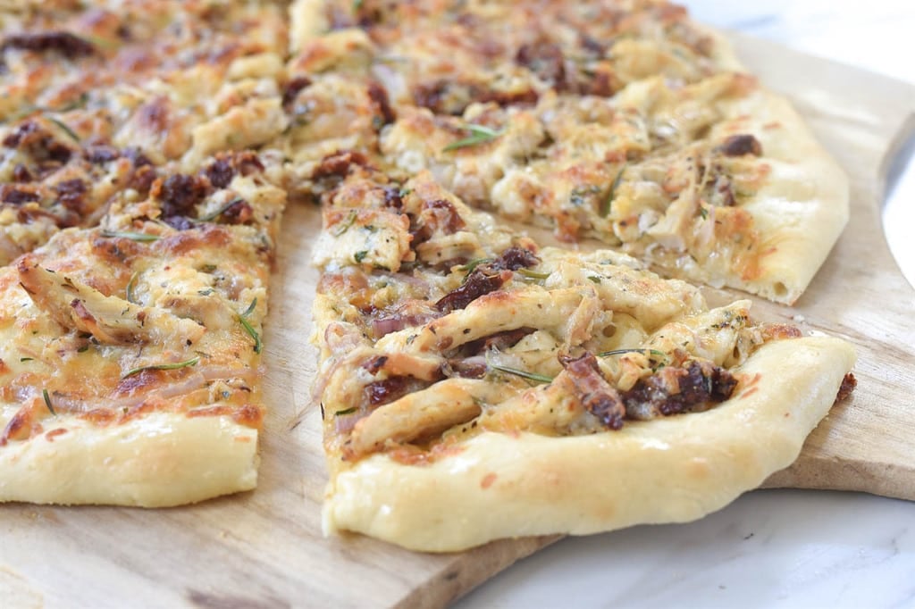 Rosemary Chicken Pizza on peel