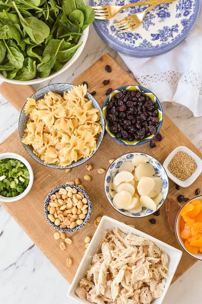 Spinach Pasta Salad Ingredients in bowls