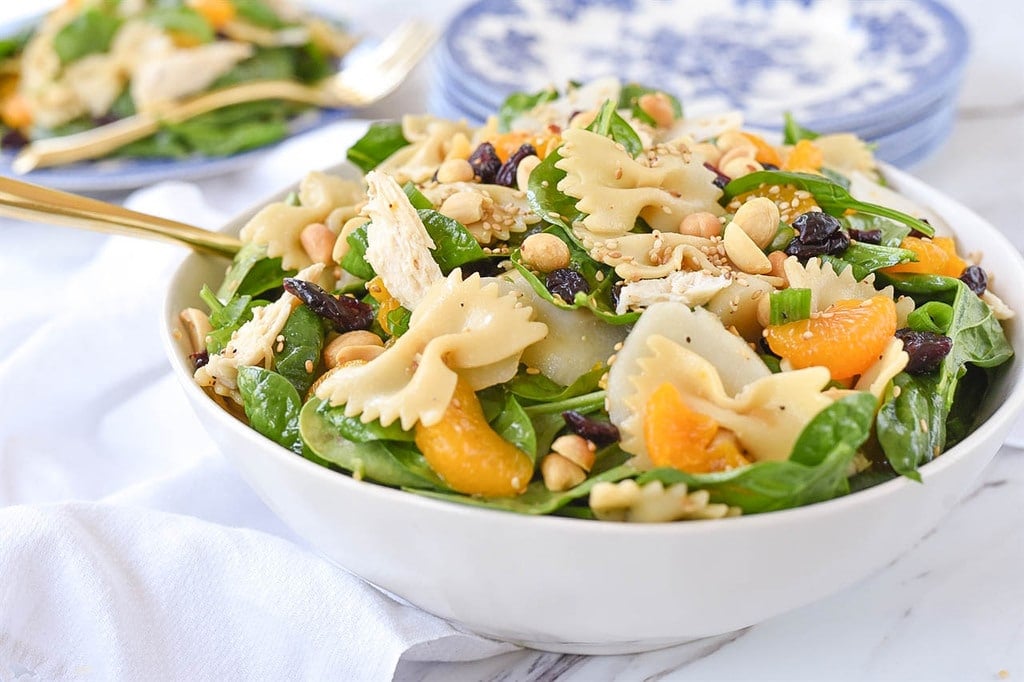 Pasta Salad with spinach mandarin oranges craisins peanuts chicken