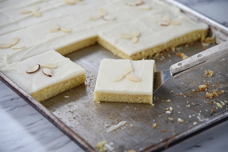 Almond Sheet Cake on a jelly roll pan