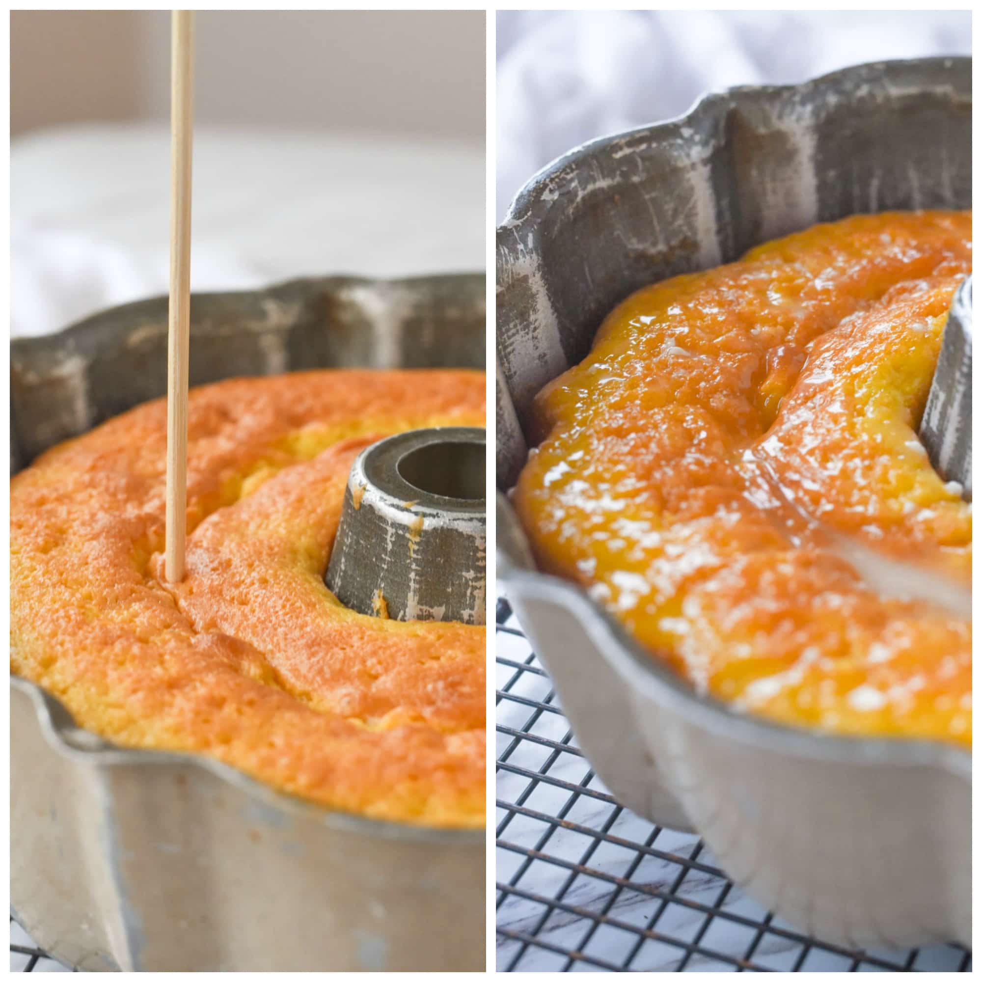 pouring glaze over key lime cake