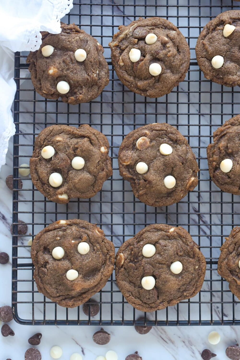 hot chocolate cookies on a cooling rack overhead shot