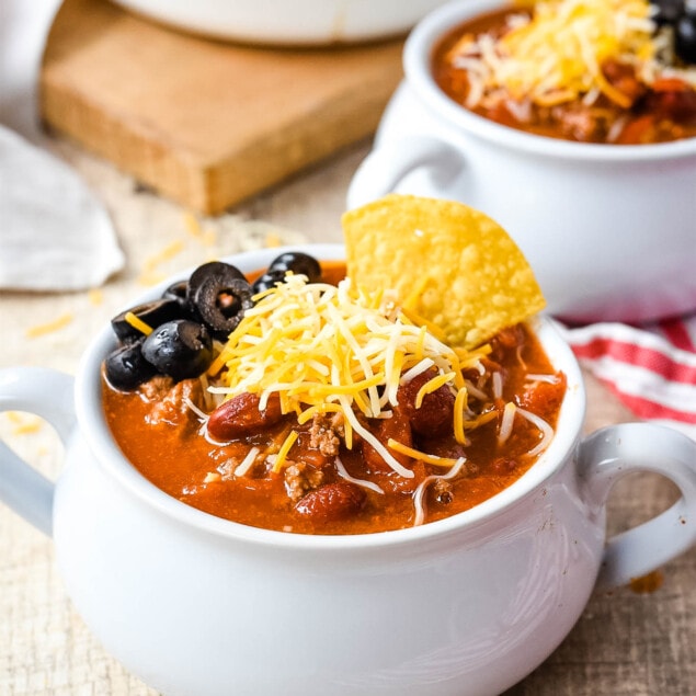 taco soup in a white bowl