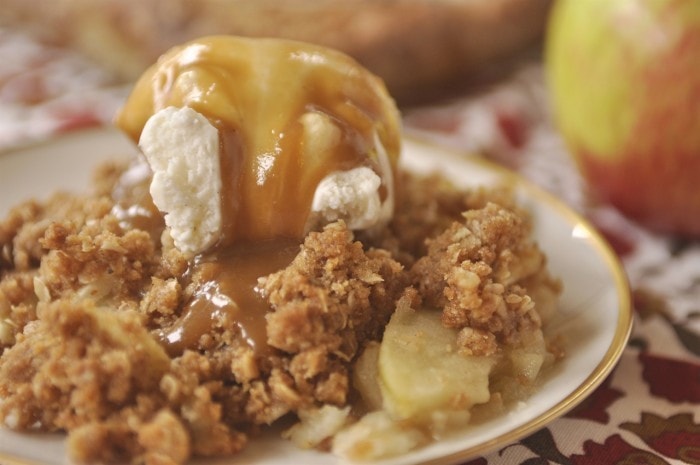 plate of apple crisp and ice cream