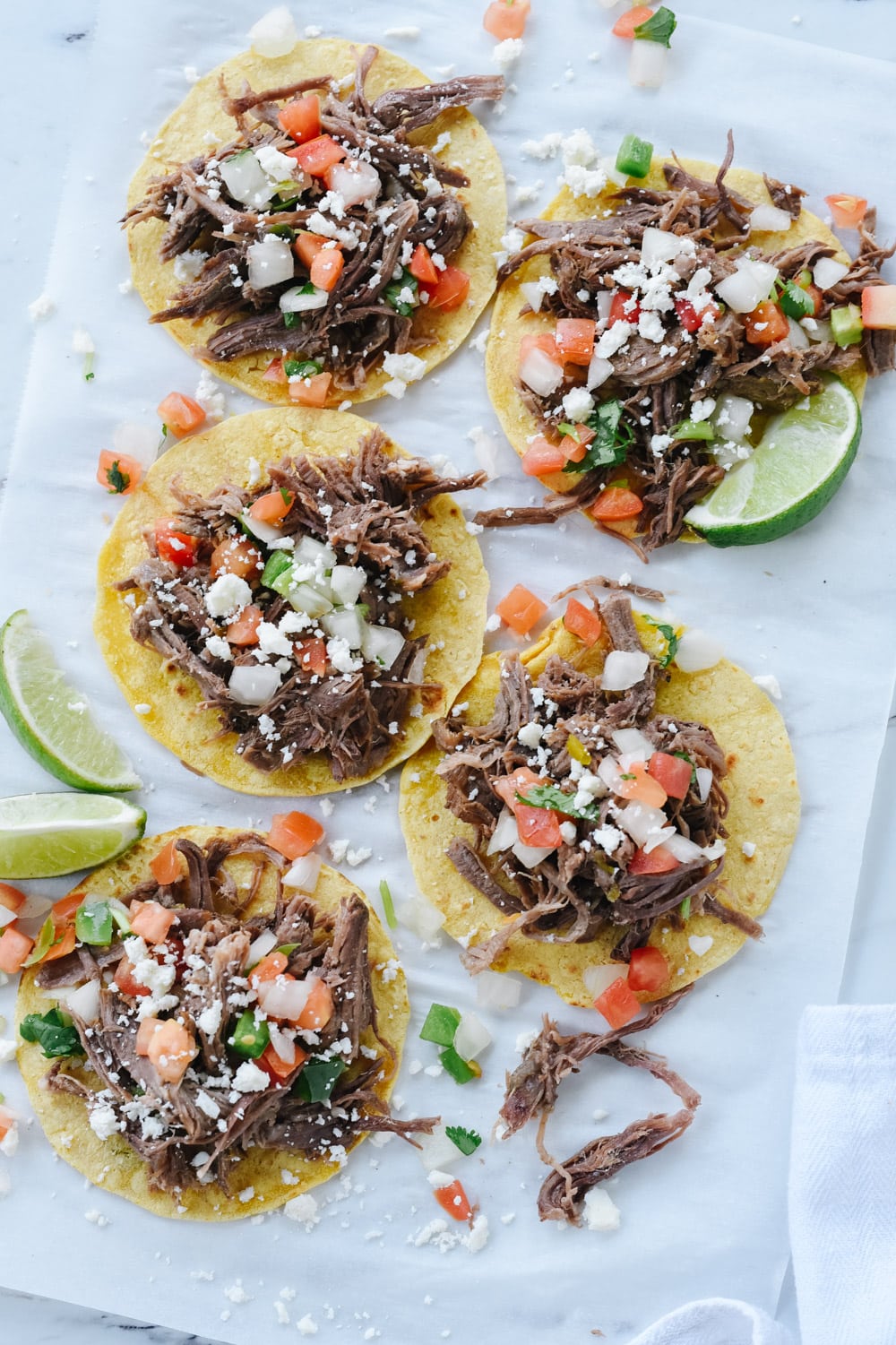 shredded beef tacos overhead shot of beef tacos