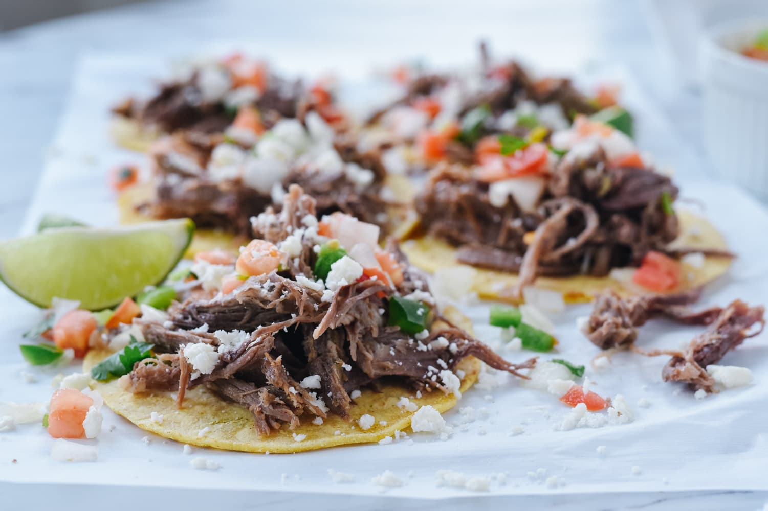 shredded beef open face tacos