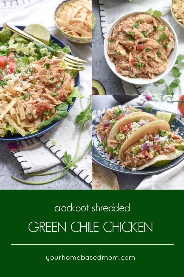 Shredded Green Chile Chicken is not only delicious but it is versatile and done in the crock pot. Use it in a salad, tacos or even a quesadilla for a easy and yummy dinner. #crockpot #slowcooker #chicken #tacos #chickentacos #shreddedchicken #chickendinner #dinnerideas