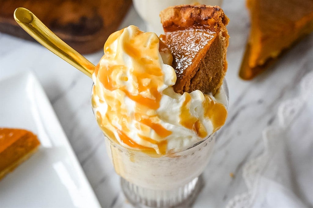 Pumpkin Pie shake topped with whipped cream and caramel