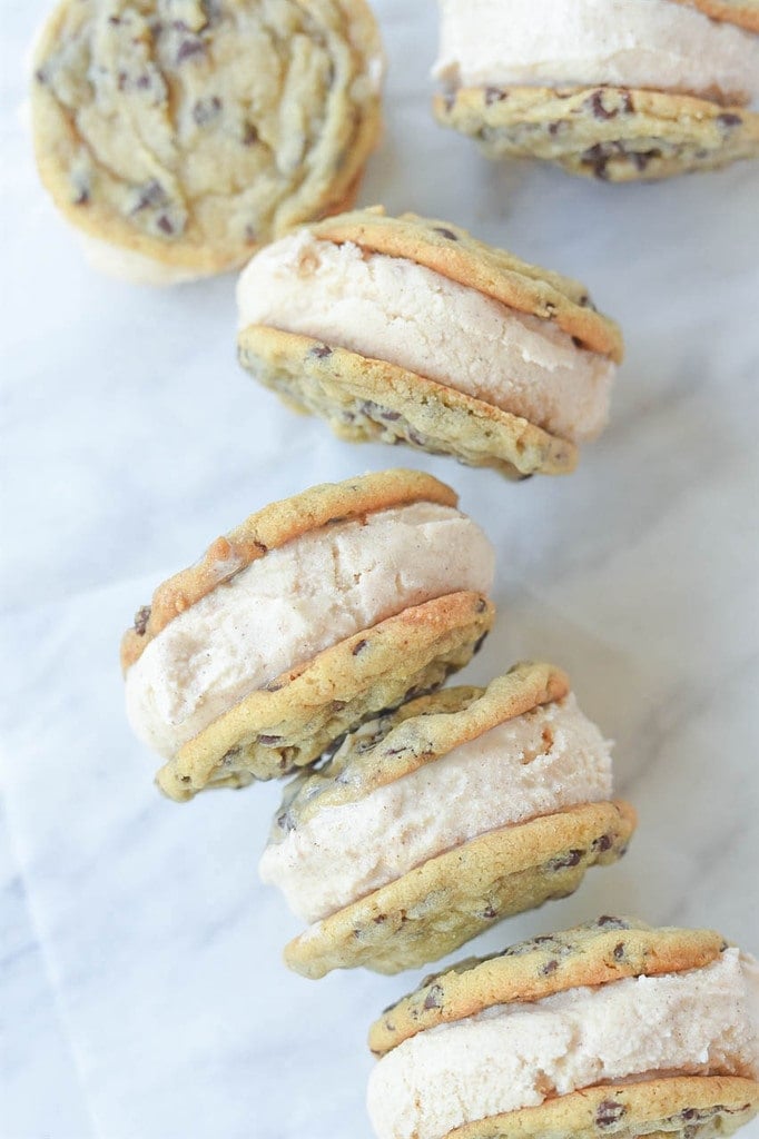 cinnamon ice cream between two chocolate chip cookies