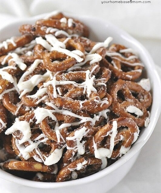 White Chocolate Cinnamon Pretzels are amazing! Easy, fast, no baking and DELICIOUS!! My favorite holiday treat!!