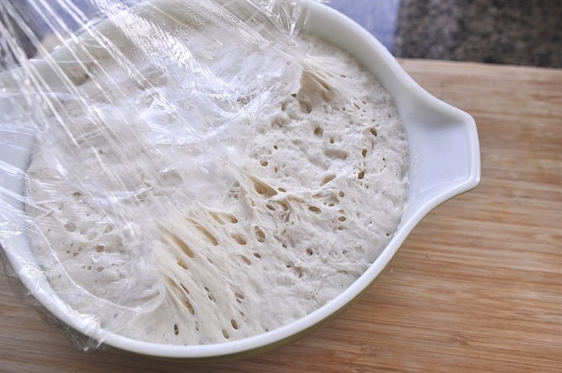 No Knead Bread Dough in bowl covered in plastic wrap