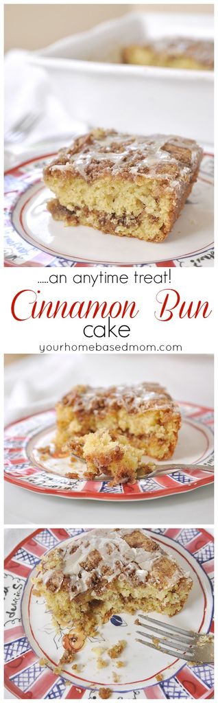Cinnamon Bun Cake is an easy, anytime treat! The moist, cinnamony cake is perfect for breakfast, tea time or dessert!
