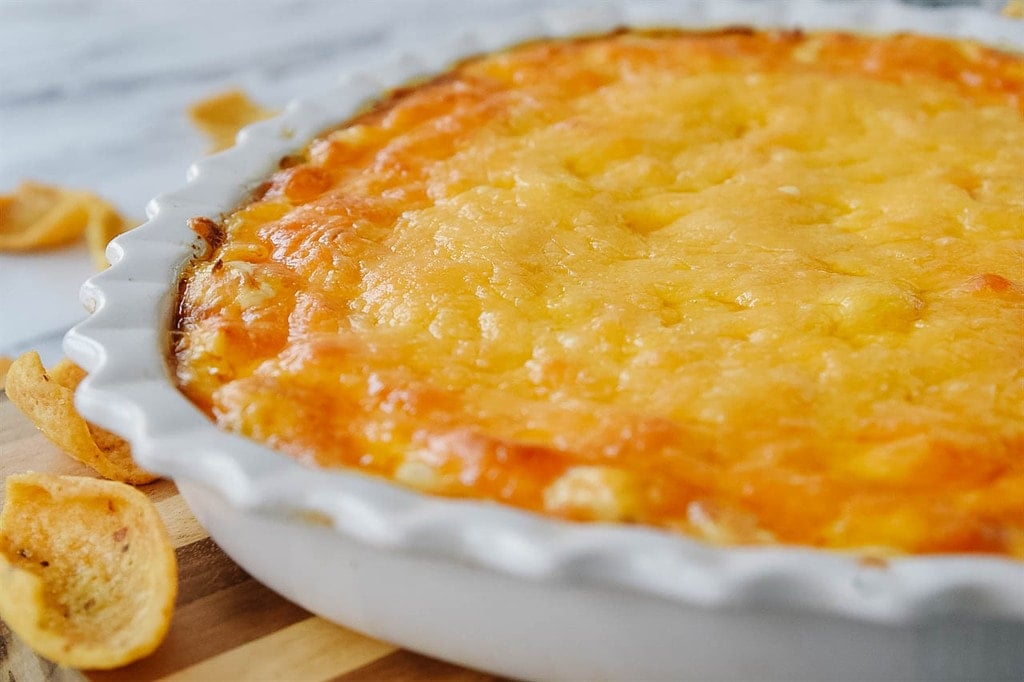 Buffalo Chicken Dip in a white dish