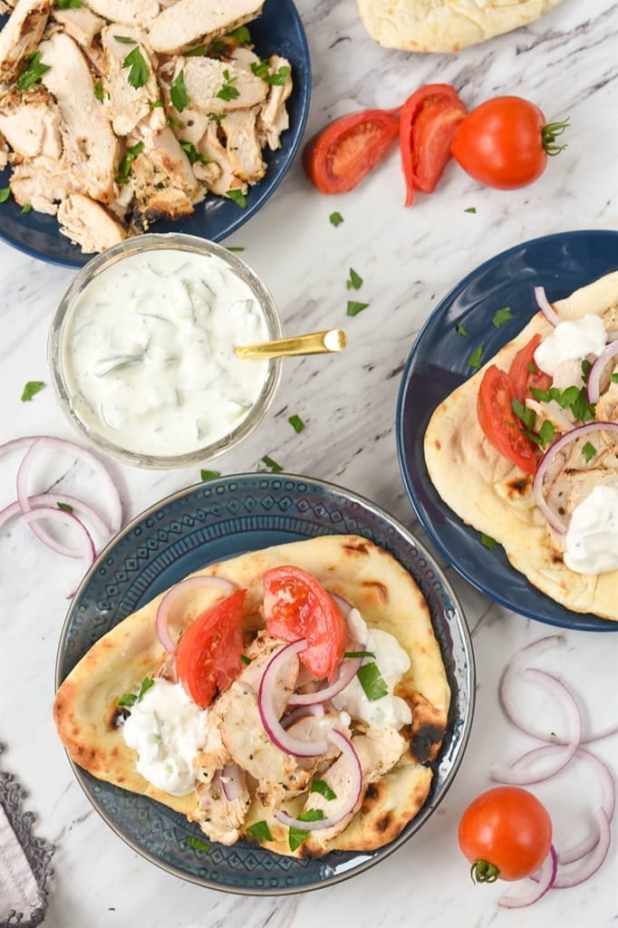 grilled chicken and tzatziki sauce on homemade flatbread