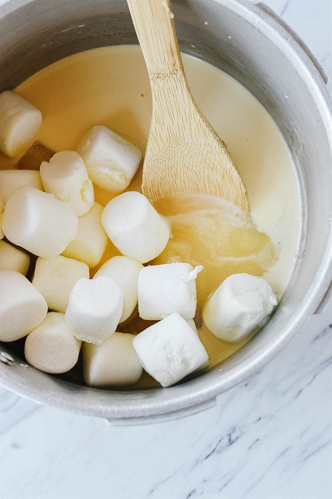 Rocky Road Fudge Ingredients in a sauce pan