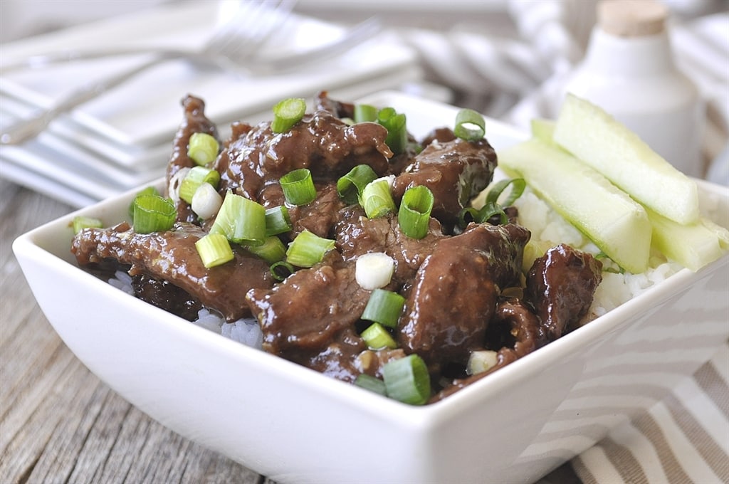 Mongolian Beef with cucumber green onions and rice