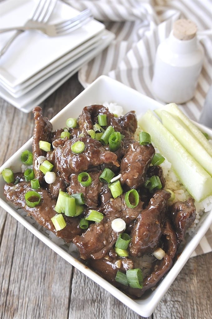 Mongolian Beef with green onions and rice