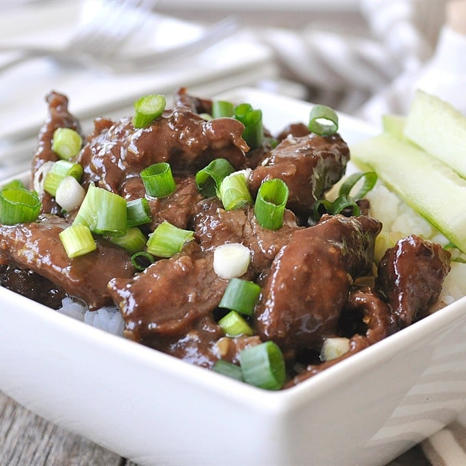 bowl of Mongolian Beef over rice