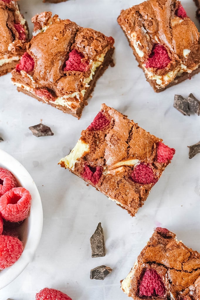 raspberry cream cheese brownies cut into squares