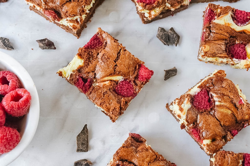 raspberry cream cheese brownies cut into squares