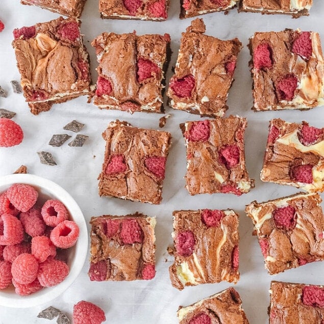 overhead shot of raspberry cheesecake brownies