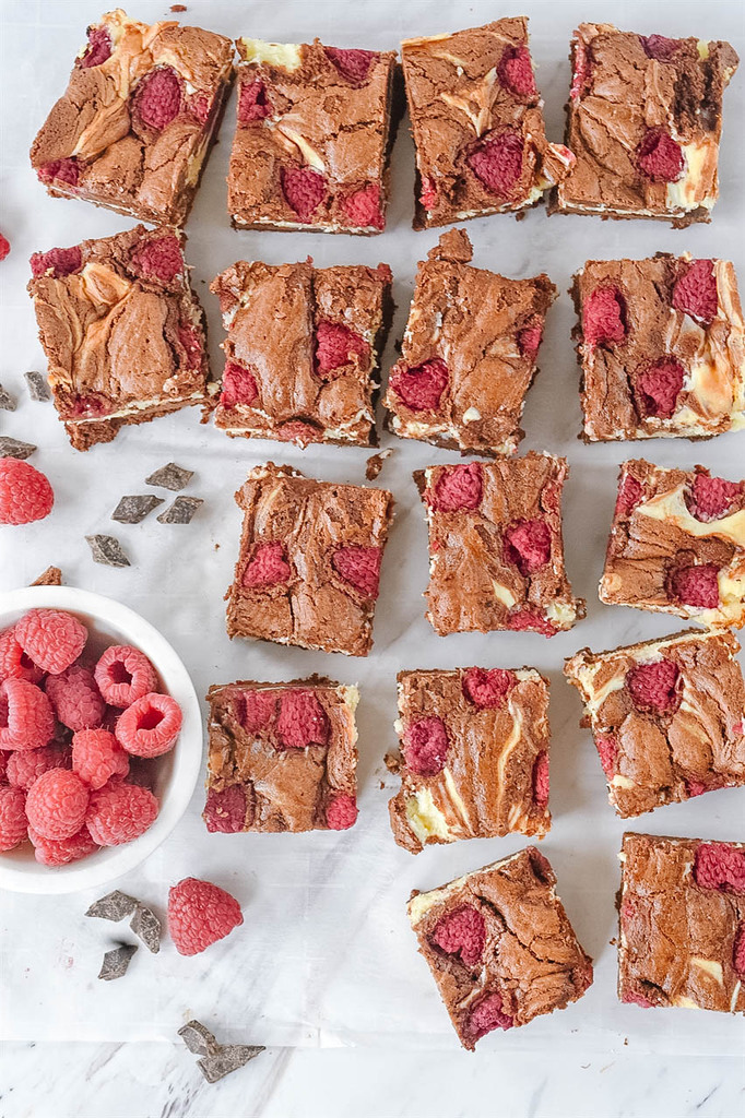 overhead shot of raspberry cheesecake brownies