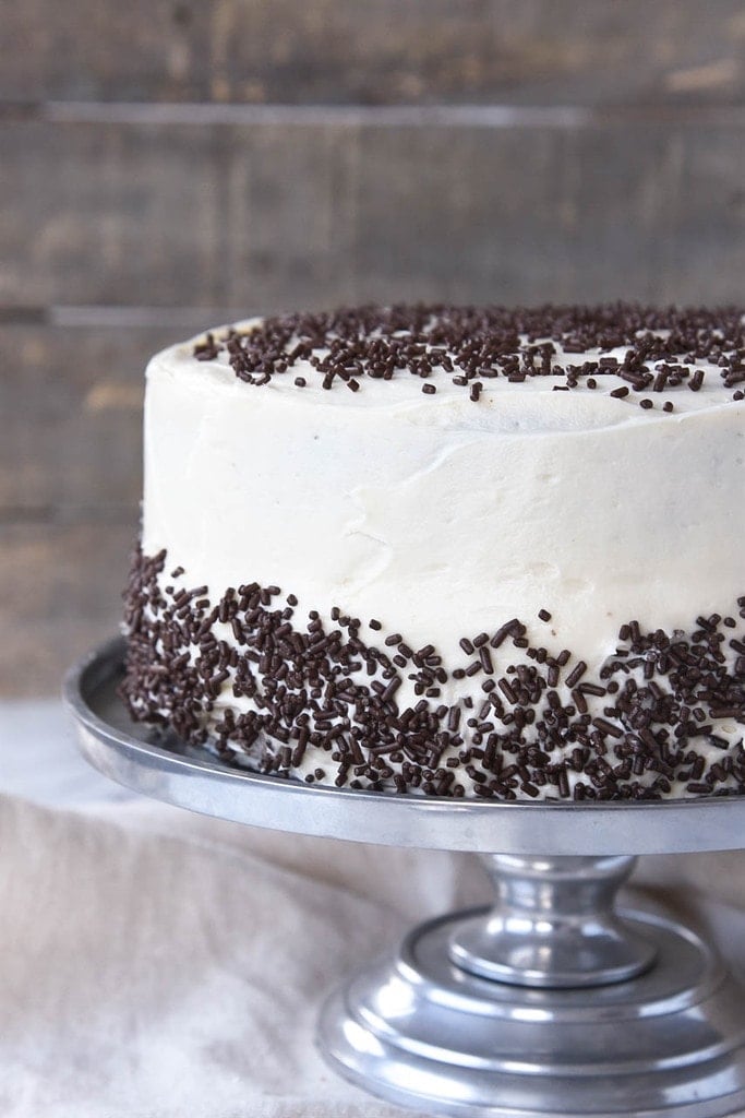 chocolate cake frosted with butter cream icing and chocolate jimmies