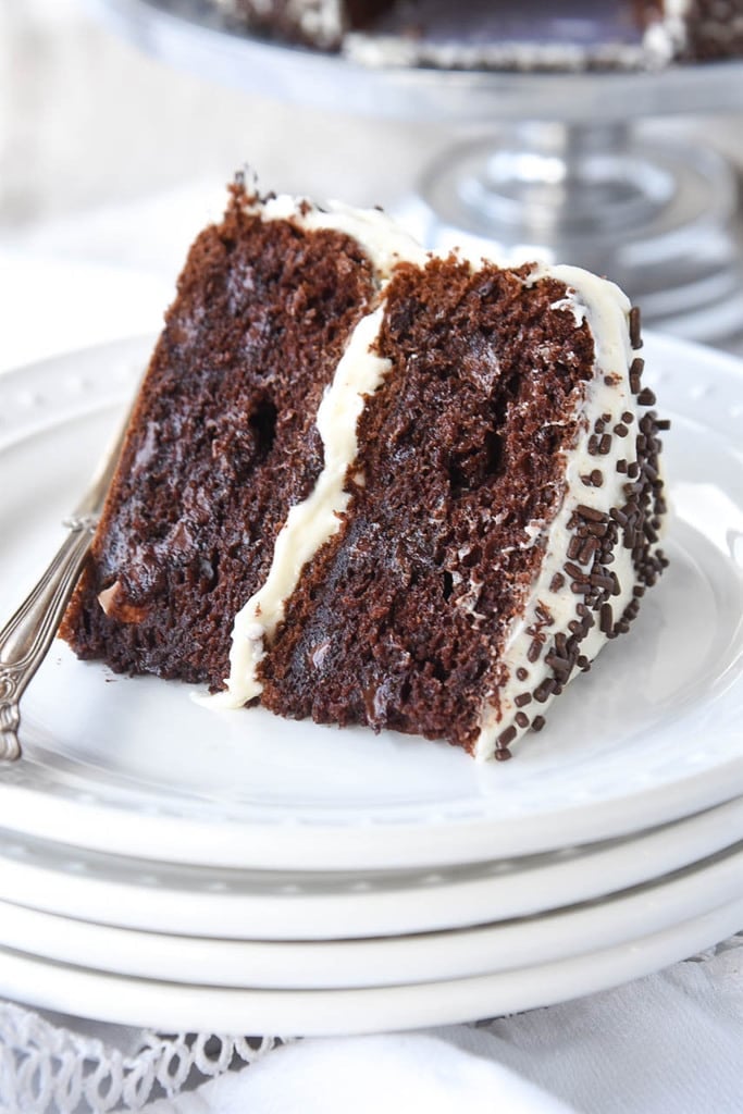 slice of chocolate cake on a white plate