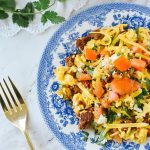 Chorizo and Eggs on plate with fork