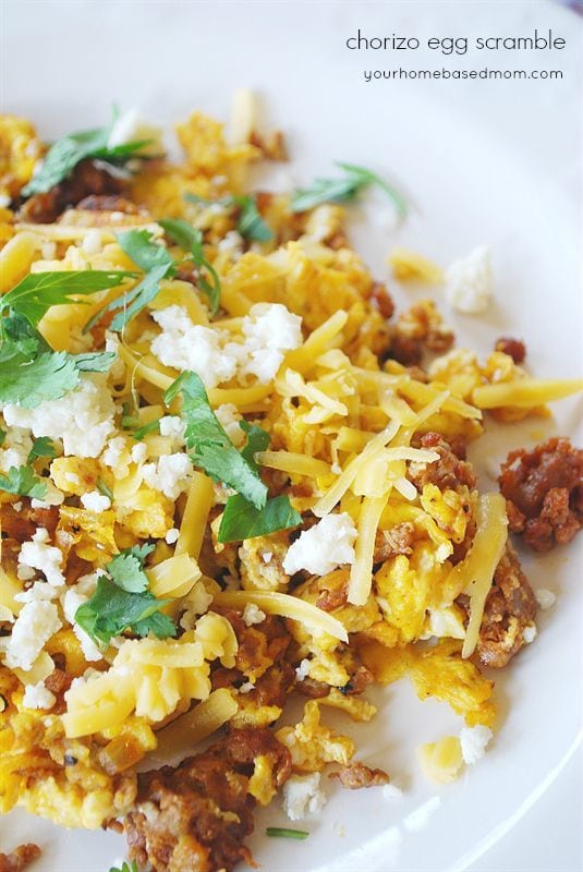 chorizo egg scramble is delicious for breakfast or dinner