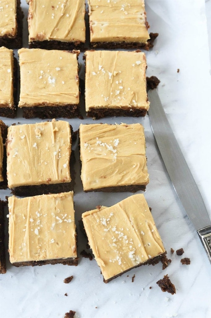 Sliced Double Chocolate Brownies with frosting