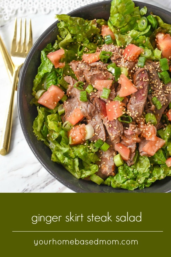 This delicious Ginger Skirt Steak salad starts with marinated skirt steak and a bed of greens and is topped with a ginger salad dressing. A summer salad even the heartiest of appetites will enjoy. #salads #maindishsalads #summersalads #steaksalad
