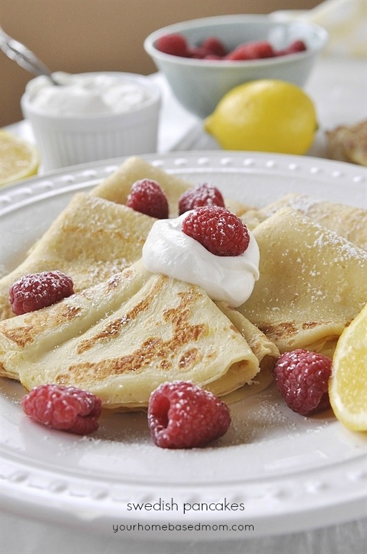 Swedish Pancakes with lemon curd and fresh raspberries
