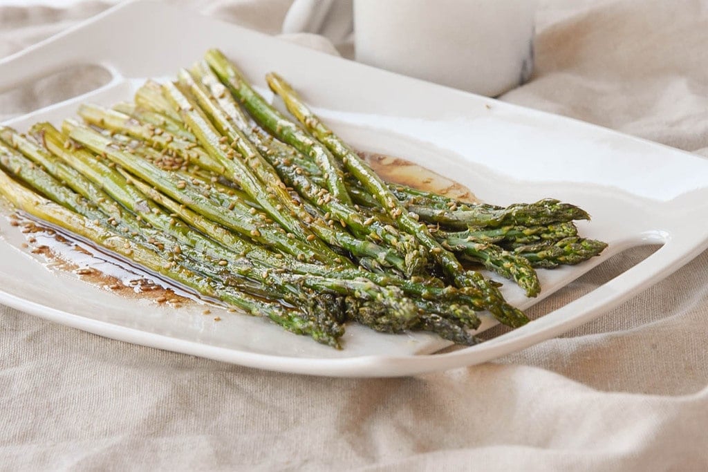 Balsamic Asparagus topped with sesame seeds