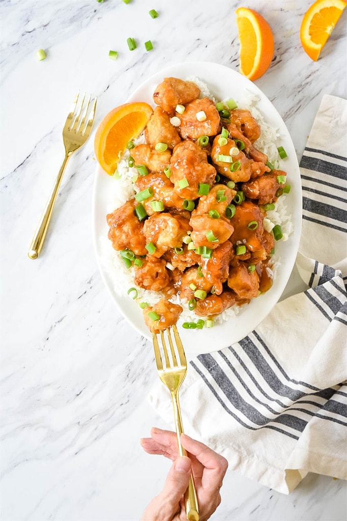 Orange Chicken on a fork