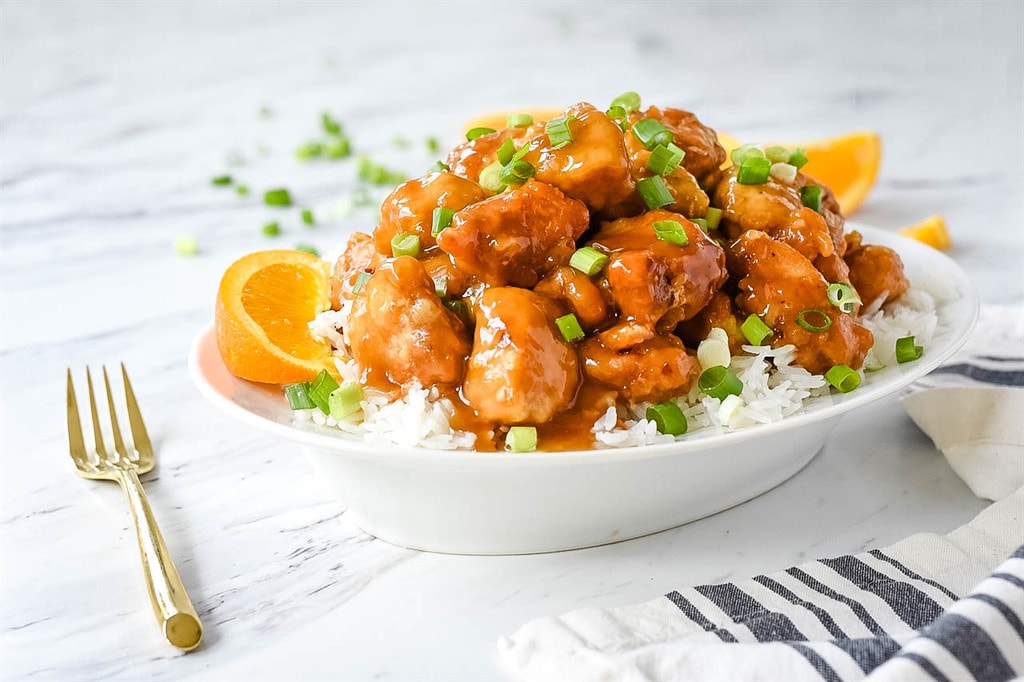 Orange Chicken over rice with green onions