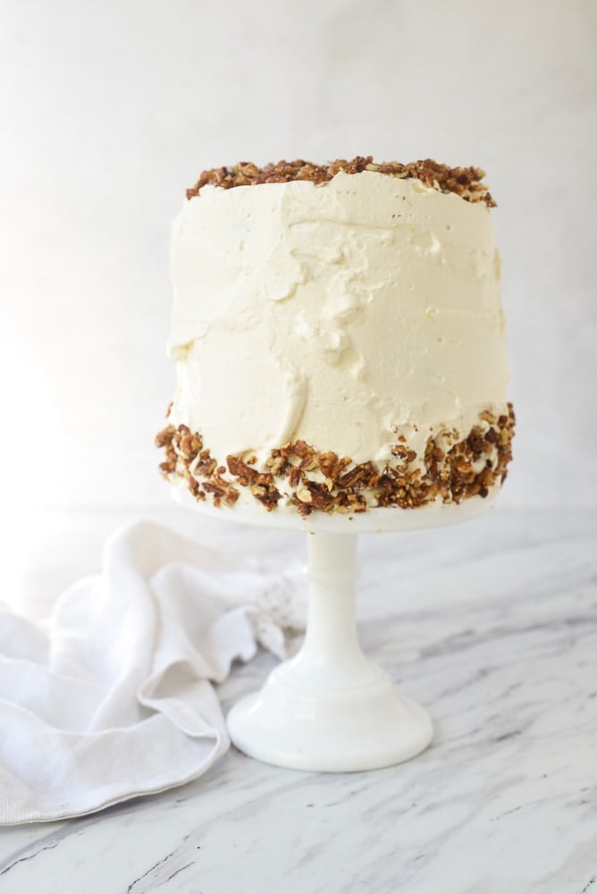 banana cake on a cake stand