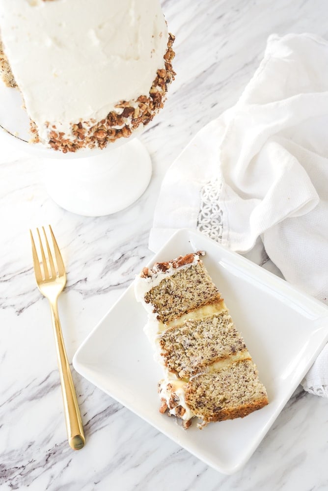 slice of banana cake on a plate