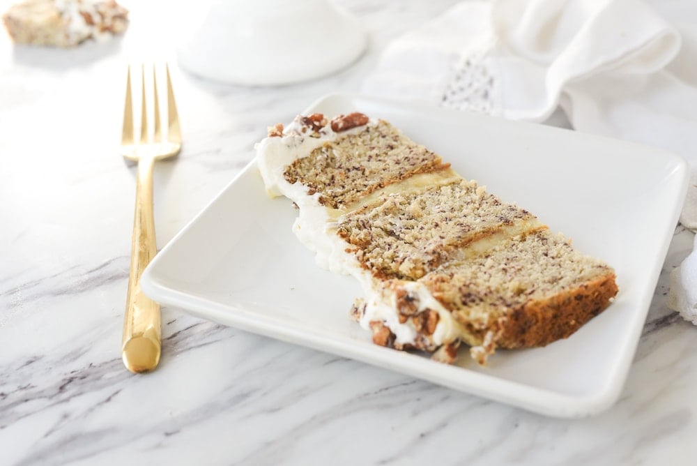 slice of banana cake on a plate