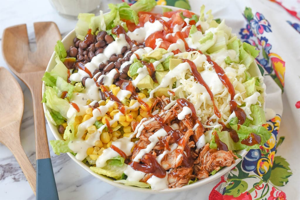 BBQ Chicken Salad topped with bbq ranch dressing