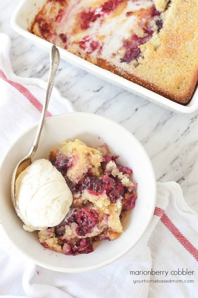 bowl of marionberry cobbler with vanilla ice cream