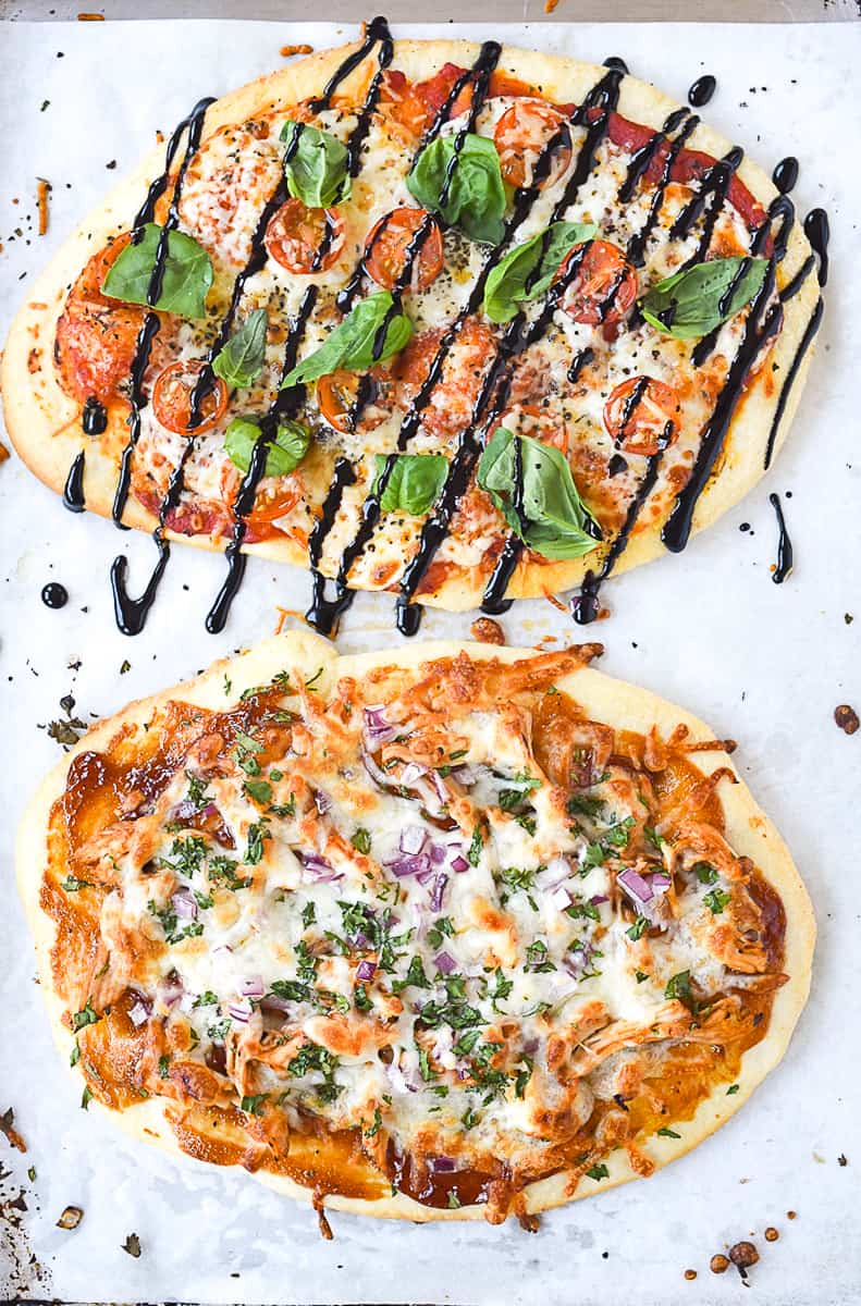 overhead shot of two flatbread pizzas