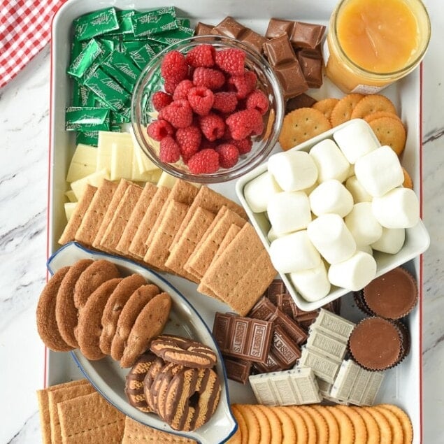 overhead shot of s'mores snack board