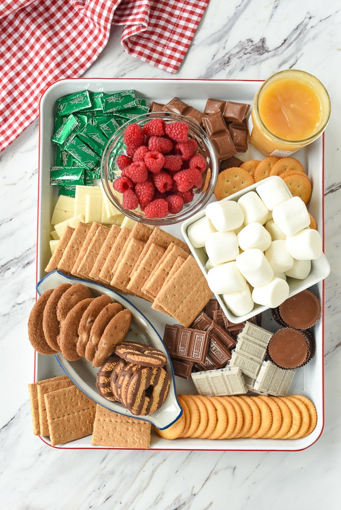 overhead shot of s'mores snack board