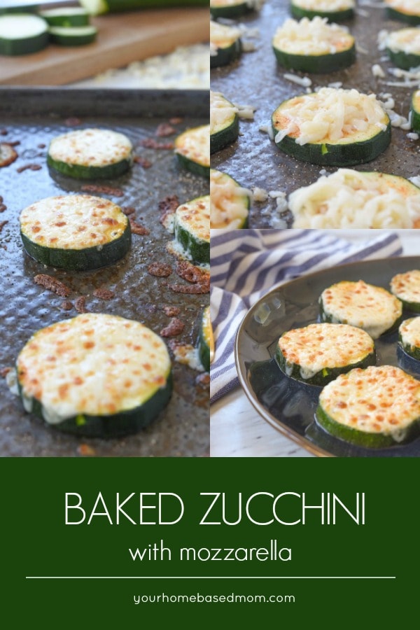 Baked Zucchini with Mozzarella is the perfect solution to too much zucchini. Topped with mozzarella you won't be able to stop the kids from eating their veggies! #zucchini #vegetables #cheese #mozzarellacheese