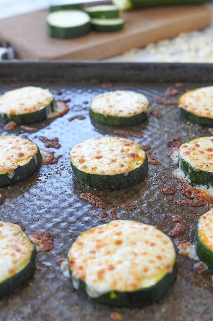 baked zucchini and mozzarella on a hot baking sheet