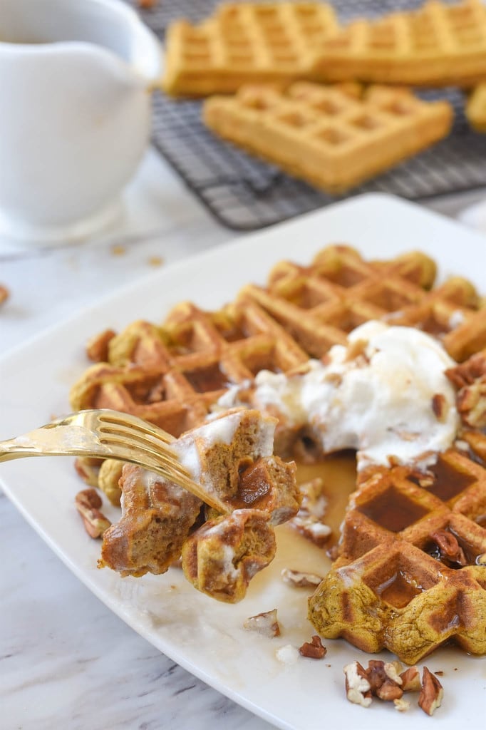 Pumpkin Spice Waffles with pecans